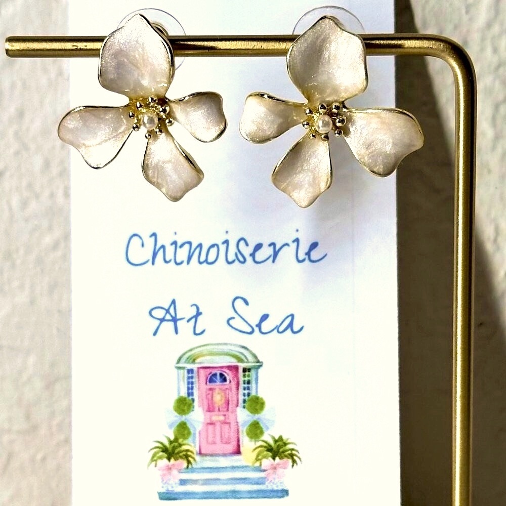 Cream Enamel with Gold Post Earrings-NIB